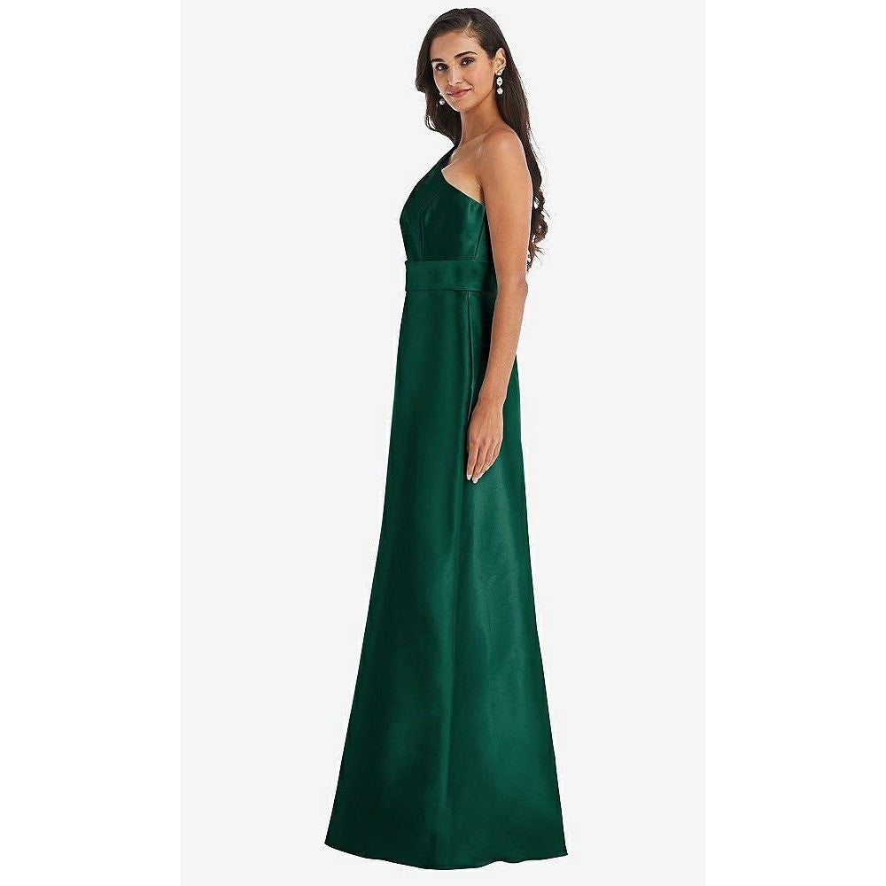 Alfred Sung Draped One-Shoulder Satin Maxi Dress With Pockets Size 6