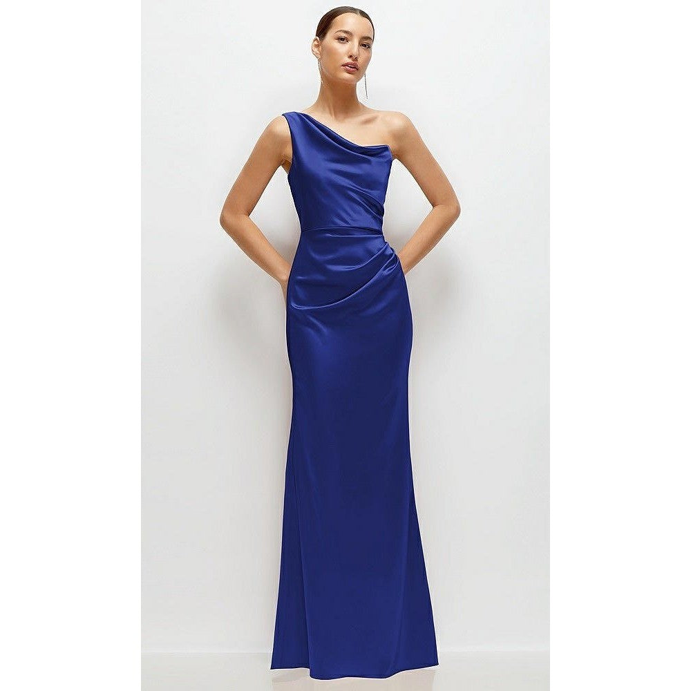 After Six One-Shoulder Cat-Eye Neckline Fit And Flare Satin Maxi Dress Size 8