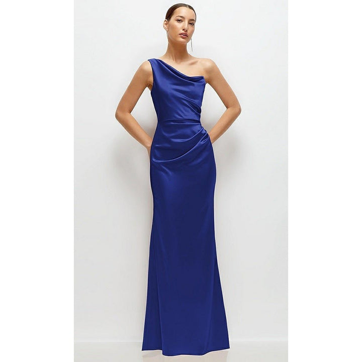 After Six One-Shoulder Cat-Eye Neckline Fit And Flare Satin Maxi Dress Size 8