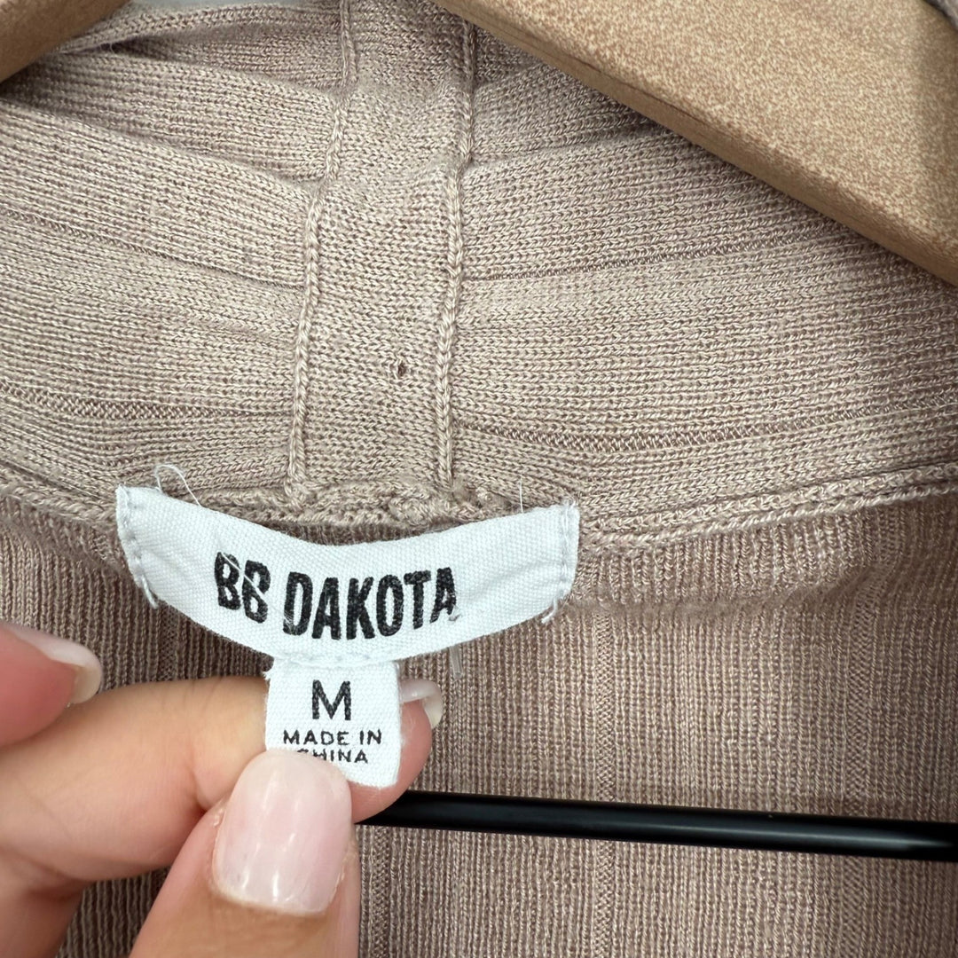 BB Dakota Ribbed Knit Duster Cardigan Tan Brown Open Front Pockets Long Sleeve M