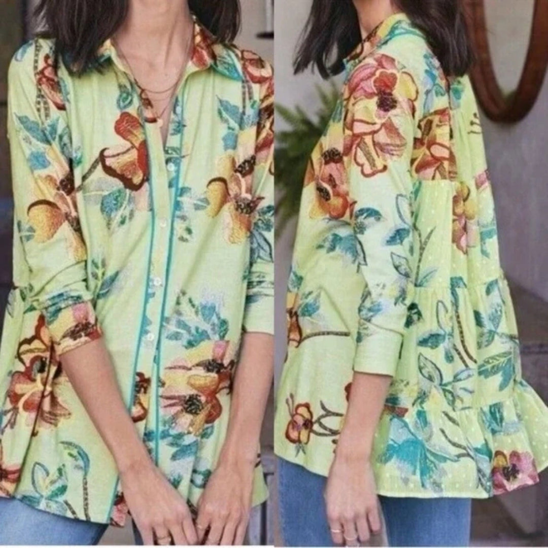 Soft Surroundings Elana Green Tropical Floral Button Tunic Top Size PL