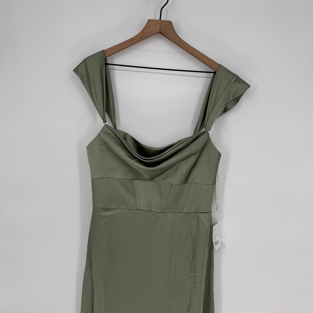 AFTER SIX Sage Green Satin Corset Drape Neck Off Shoulder Maxi Dress Size 12 R