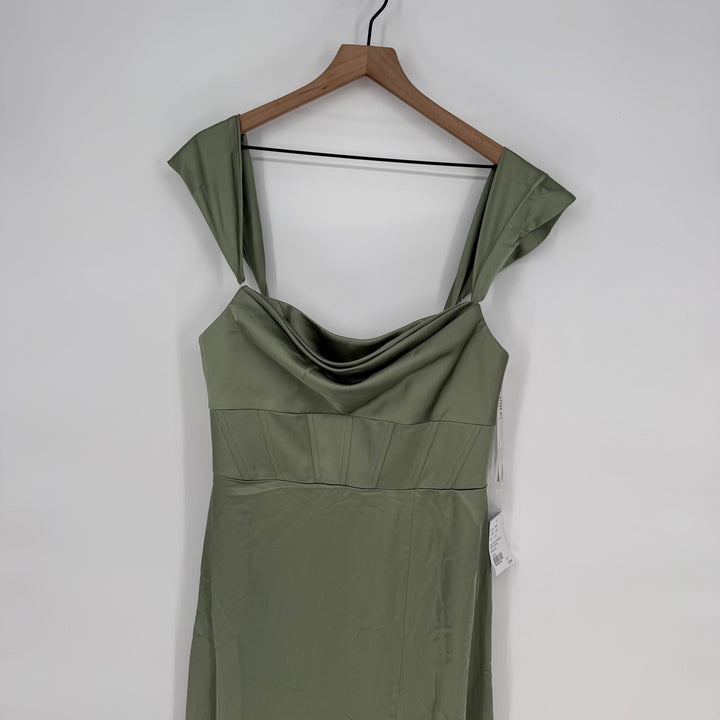 AFTER SIX Sage Green Satin Corset Drape Neck Off Shoulder Maxi Dress Size 12 R