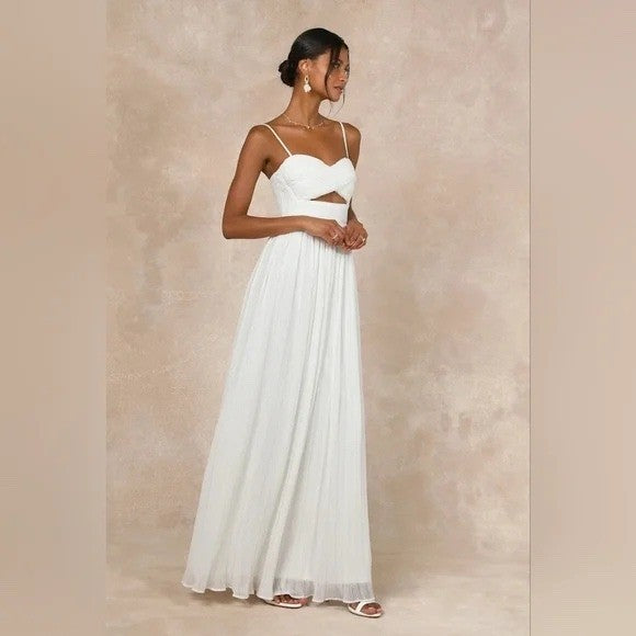 Lulus Glorious Elegance White Pleated Sleeveless Lace-Up Maxi Dress Size M