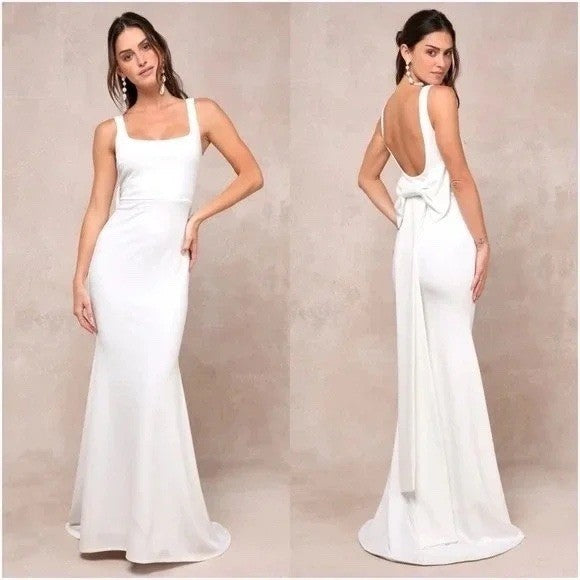 Lulus Loving Fate White Bow Square Neck Backless Maxi Dress Size S