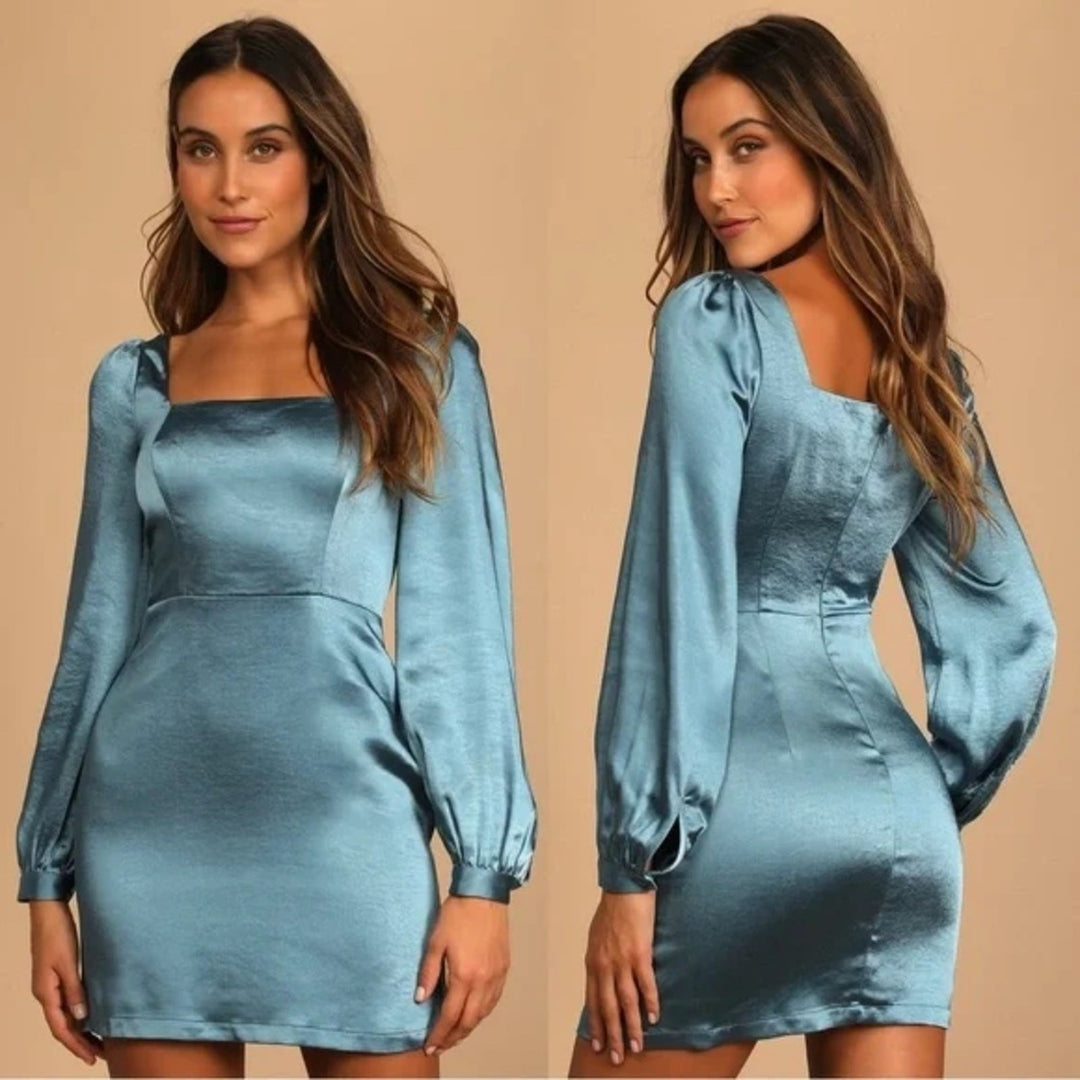 Lulus Got The Love Slate Blue Satin Square-Neck Mini Dress Size L