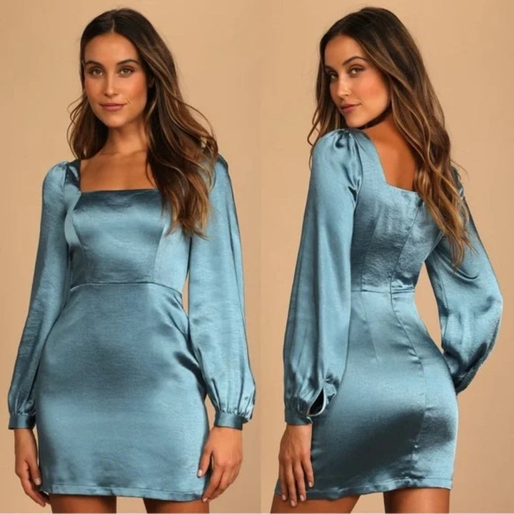 Lulus Got The Love Slate Blue Satin Square-Neck Mini Dress Size L
