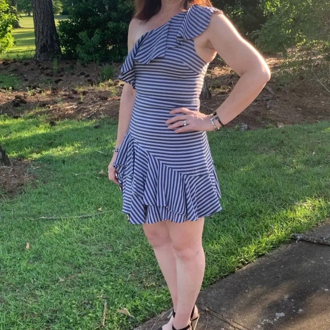 Halston Grey Stripe Ruffle Dress Size 6