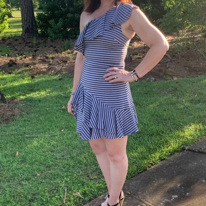 Halston Grey Stripe Ruffle Dress Size 6