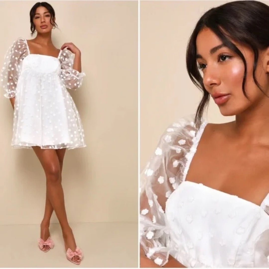 Lulus Effervescent Charm White Organza Floral Babydoll Mini Dress Size M