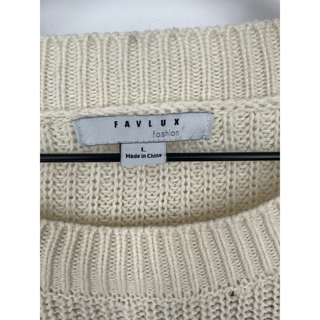 Favlux Fashion Cream Rust Striped Crew Neck Sweater Size L Acrylic Chunky Knit