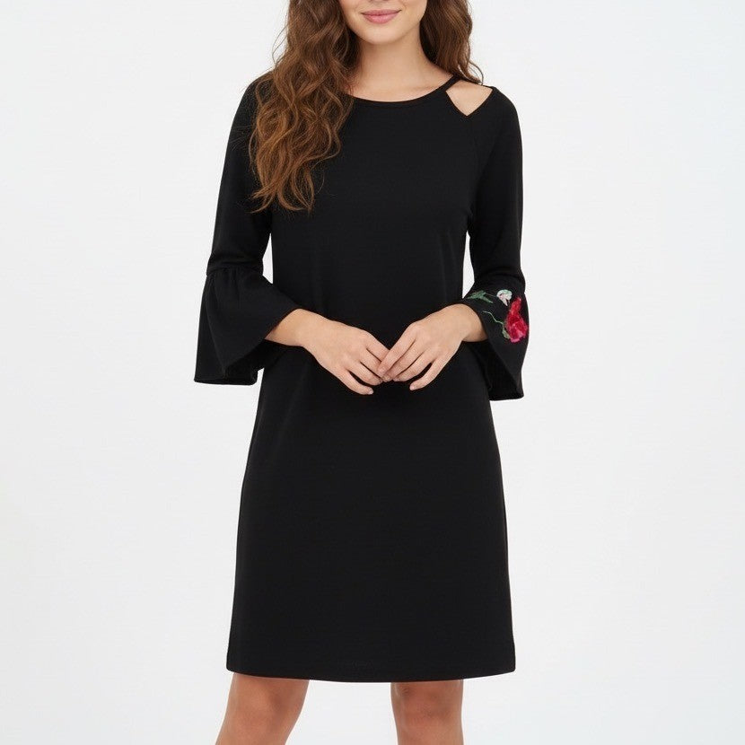 Alya Black Cutout Cold Shoulder Bell Sleeve Rose Embroidered Dress Size Large