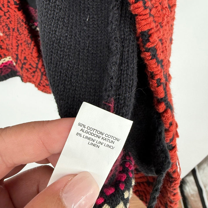 Lucky Brand Aztec Cardigan Sweater Chenille Texture Black Red Knit Boho Medium