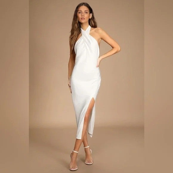 Lulus Beyond Classy White Satin Halter Midi Dress Size M