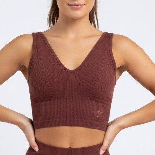 Gymshark Seamless Ribbed V Neck Crop Tank Top Brown XS Athletic Workout