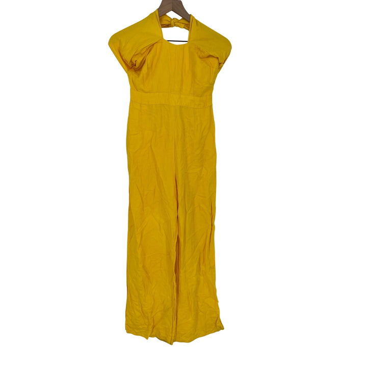 Derek Lam Collective Yellow Linen Blend Halter Wide Leg Jumpsuit Size 38