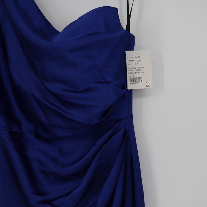 After Six One-Shoulder Cat-Eye Neckline Fit and Flare Satin Maxi Dress Size 4