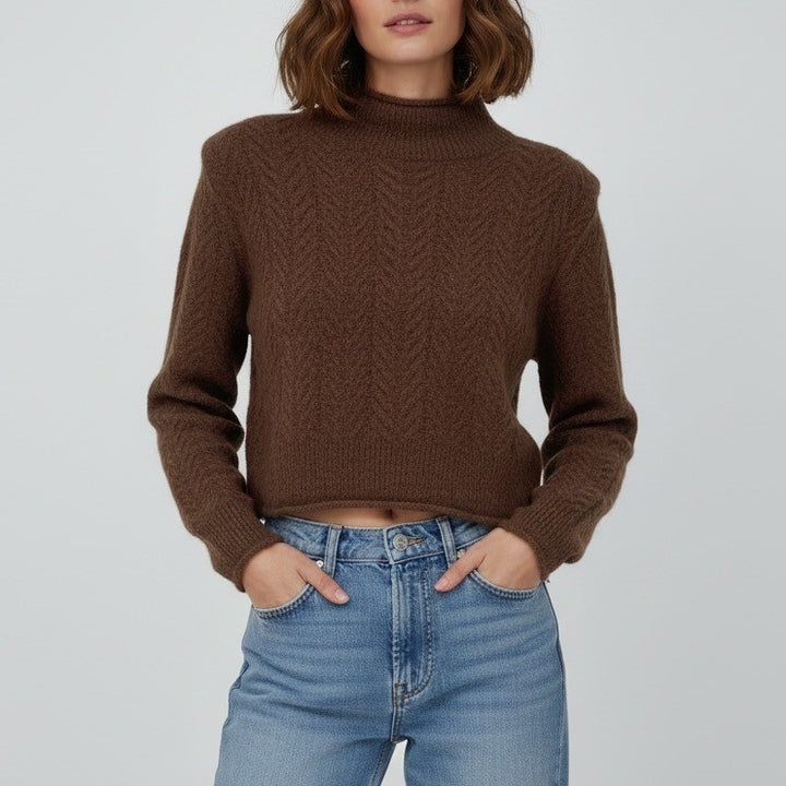 ASTR The Label Brown Chevron Knit Mock Neck Cropped Sweater Size M