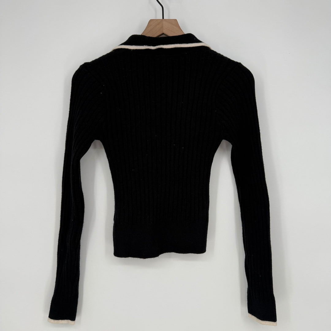 Lulus Black Ribbed Collared Button Up Cardigan Sweater Cream Trim Size M