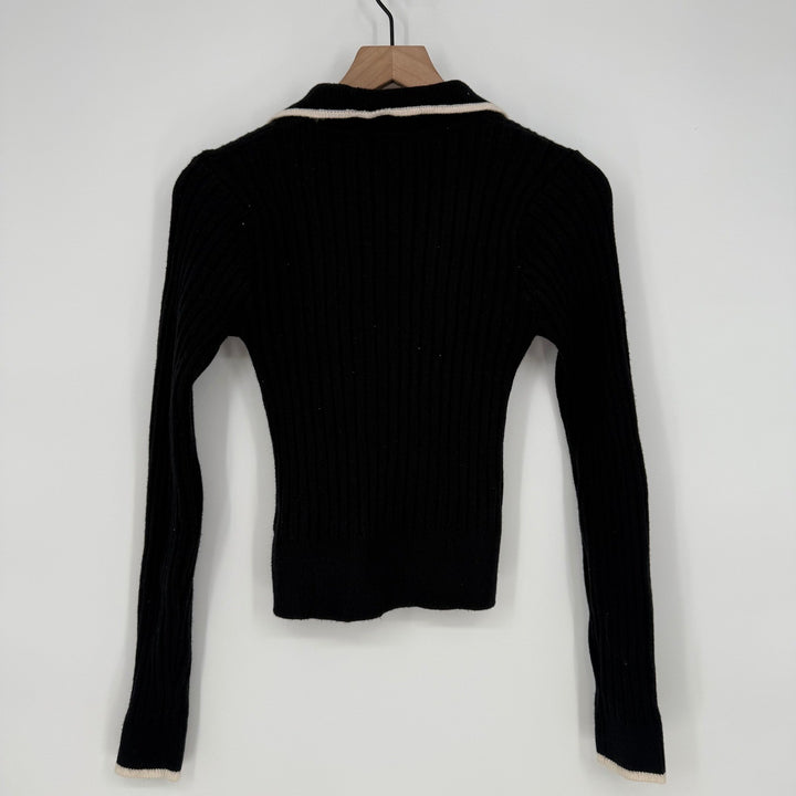 Lulus Black Ribbed Collared Button Up Cardigan Sweater Cream Trim Size M