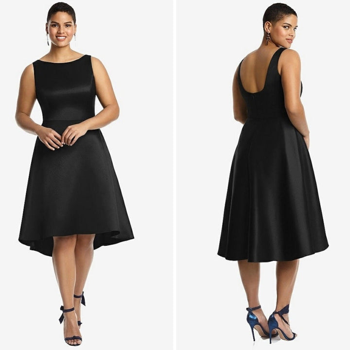 Alfred Sung Bateau Neck Satin High Low Cocktail Dress In Black Size 2