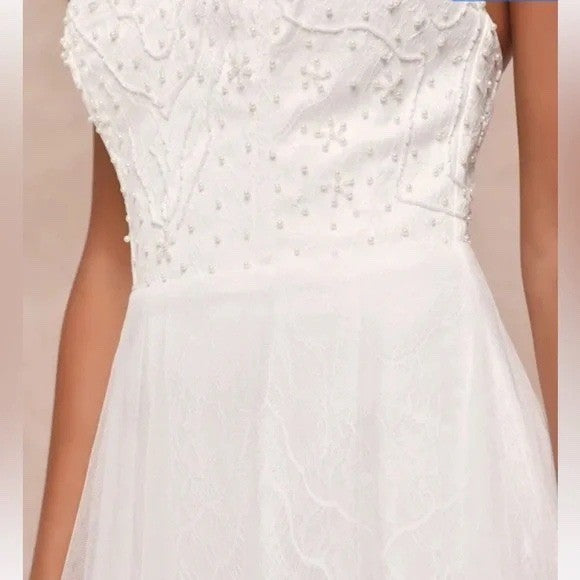 Lulus Love Perfection White Lace Tule Pearl Beaded Maxi Dress Size M
