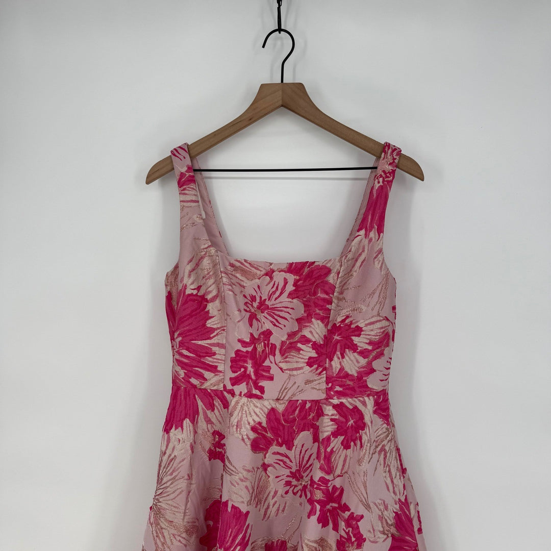 Dessy Collection Hibiscus Pink Square Floral Jacquard Midi Dress Size 10