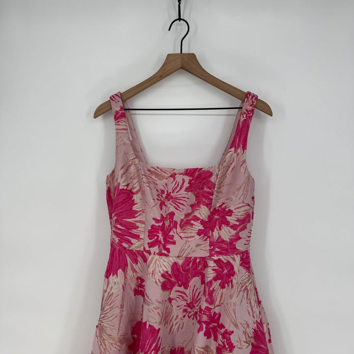 Dessy Collection Hibiscus Pink Square Floral Jacquard Midi Dress Size 10