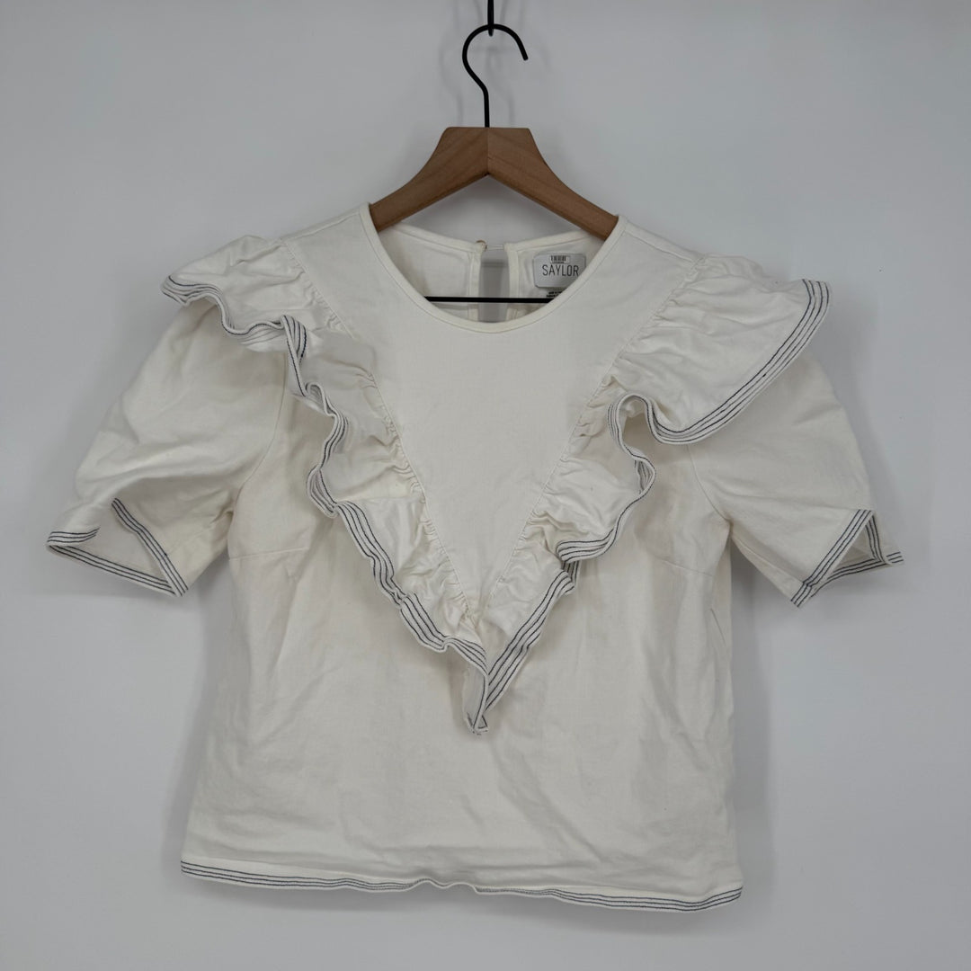 Saylor Nautical Harriette Denim Top Women Large White Cotton Ruffle Keyhole Back