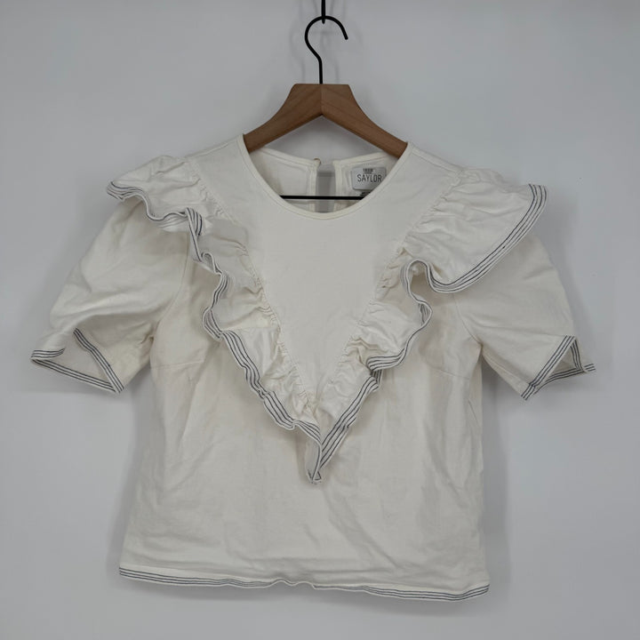 Saylor Nautical Harriette Denim Top Women Large White Cotton Ruffle Keyhole Back