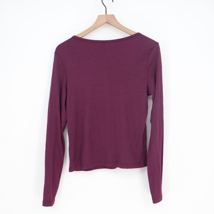 American Giant Ribbed Button Front Long Sleeve Crop Top Burgundy Size L