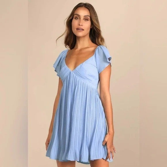 Lulus Amalfi Coast Light Blue Pleated Flutter Sleeve Mini Dress Size XS