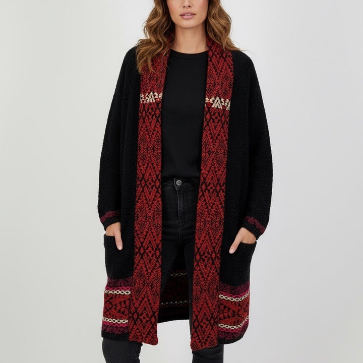 Lucky Brand Aztec Cardigan Sweater Chenille Texture Black Red Knit Boho Medium