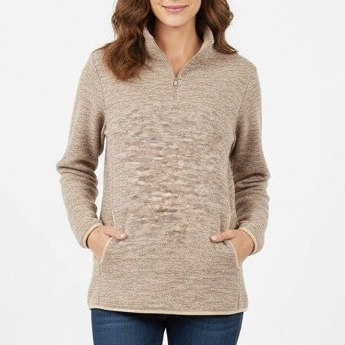 Womens Size L Pullover Fleece Sweatshirt Mock Neck Quarter Zip Pockets Tan Marl