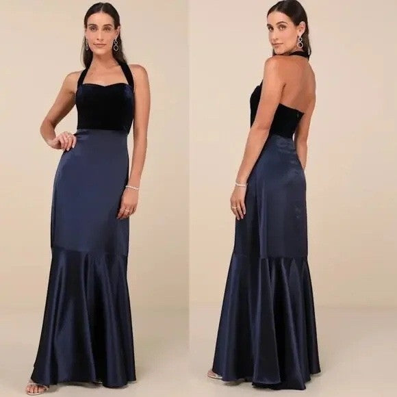 Lulus Mesmerizing Impression Navy Blue Mixed Media Halter Maxi Dress Size M