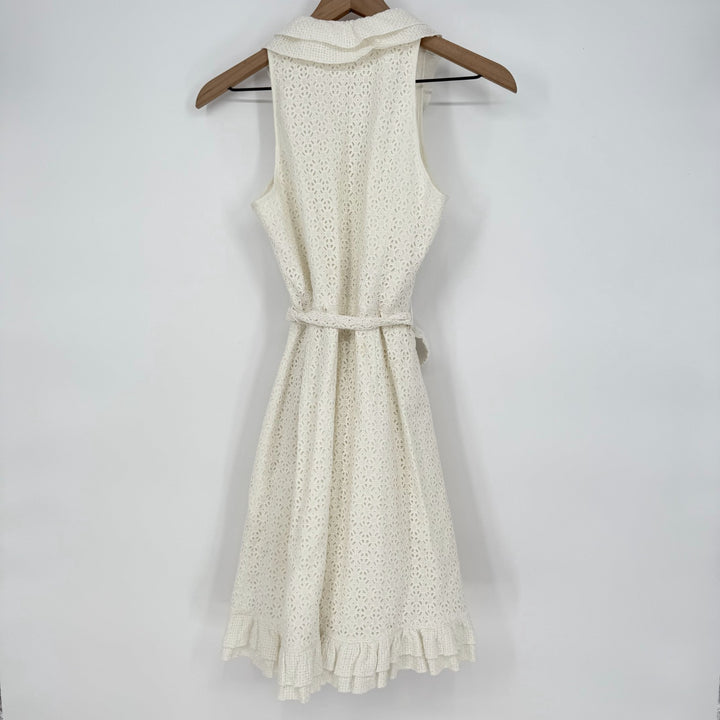 Lilly Pulitzer Wrap Dress Womens 6 Beige Eyelet Lace Overlay Cotton Belted Lined