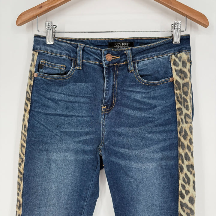 Judy Blue Jeans Womens 7/28 Blue Denim Logo Skinny Leg Leopard Print Side Stripe