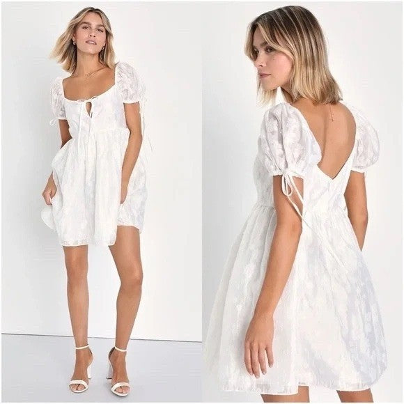 Lulus Exceptionally Angelic White Floral Puff Sleeve Mini Dress Size L