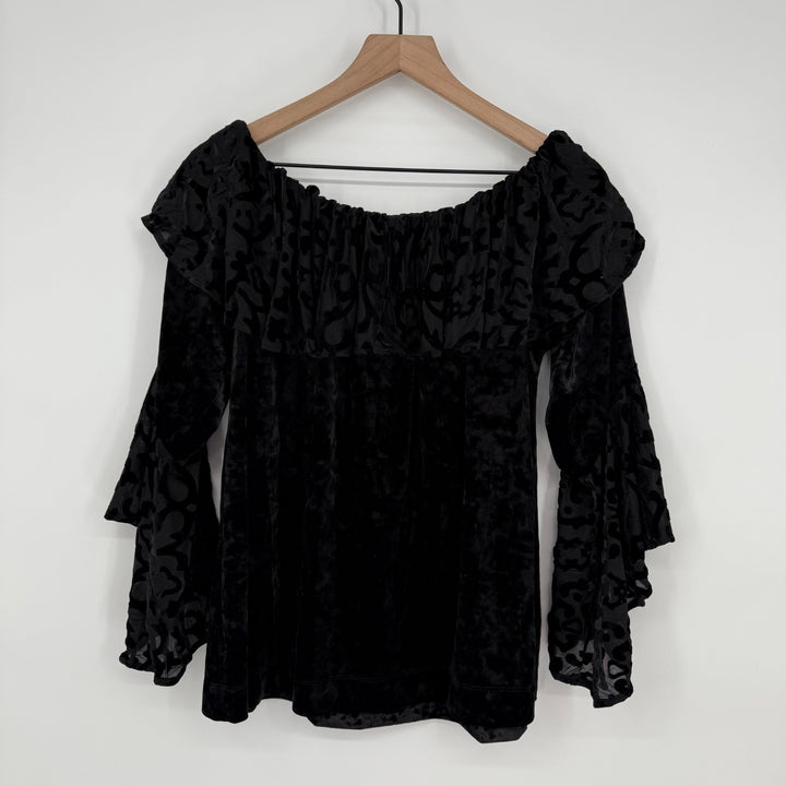 Nally & Millie Blouse Top Women S/M Black Burnout Velvet Nylon Lined Bell Sleeve
