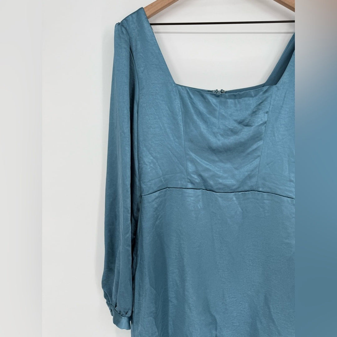 Lulus Got The Love Slate Blue Satin Square-Neck Mini Dress Size L