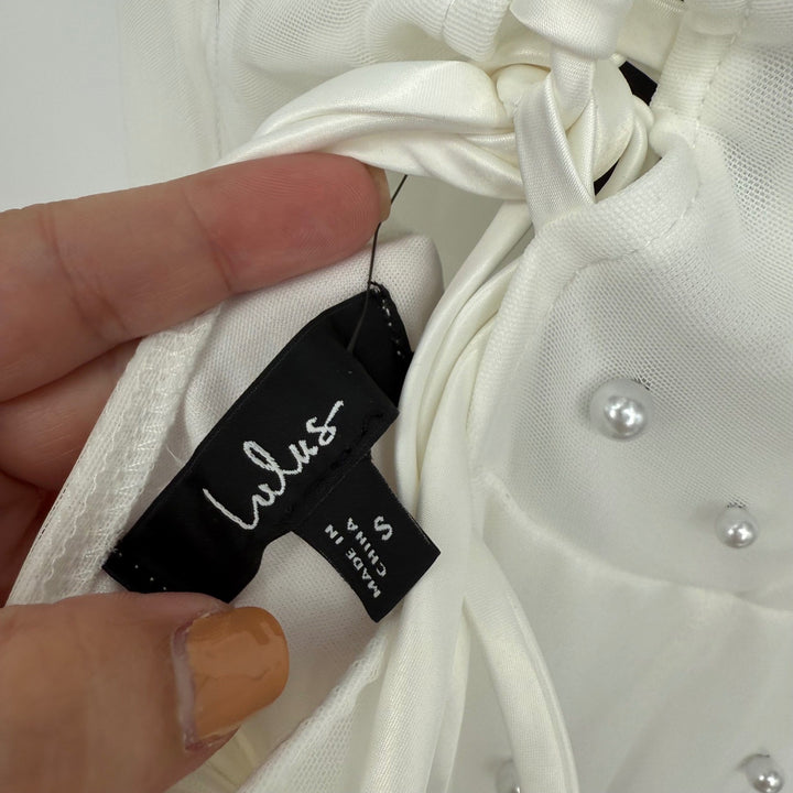 Lulus Unbelievably Divine White Mesh Pearl Lace-Up Jumpsuit Size S