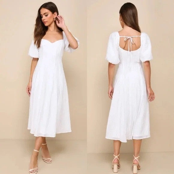 Lulus Stylish Merriment White Puff Sleeve Embroidered Midi Dress Size M