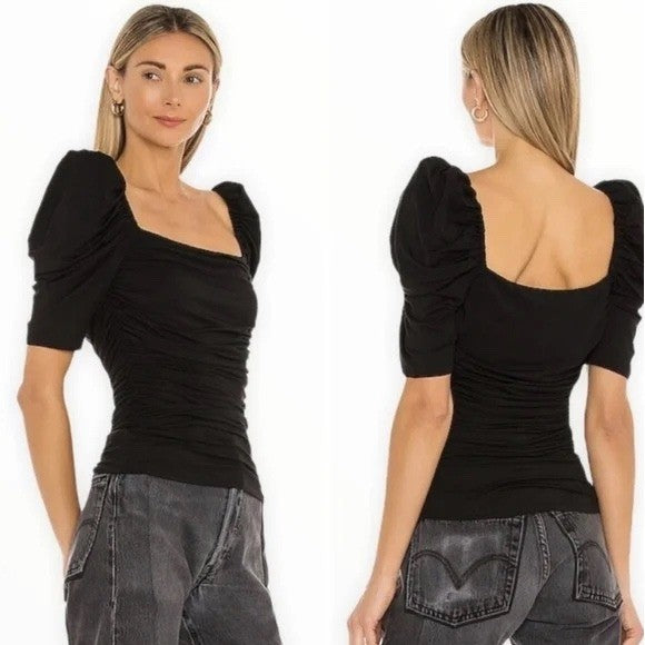 FRAME Betty Knitted Black Noir Square Neck Ruched Puff Sleeve Top Size L
