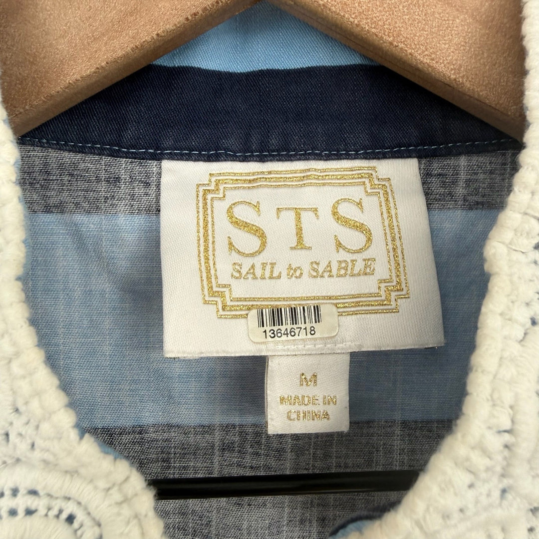 STS Sail to Sable Blue Navy Striped Crochet Trim Sleeveless Tunic Dress M