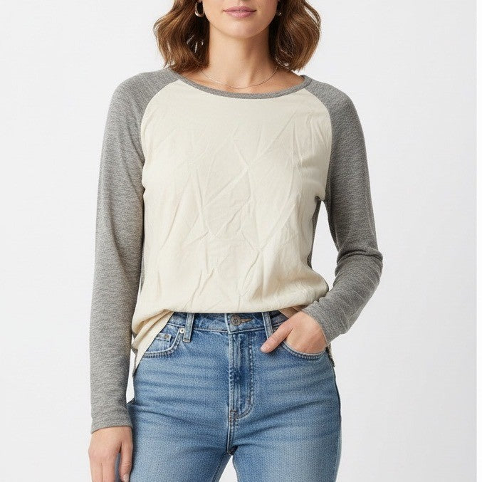 THML Cream & Gray Color Block Long Sleeve Top Shirt Womens Size Medium