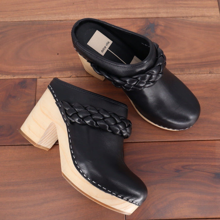 Dolce Vita Hila Leather Clog Mules Black Braided Chunky Heel Size 6.5