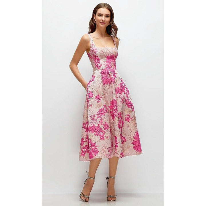 Dessy Collection Hibiscus Pink Square Floral Jacquard Midi Dress Size 10