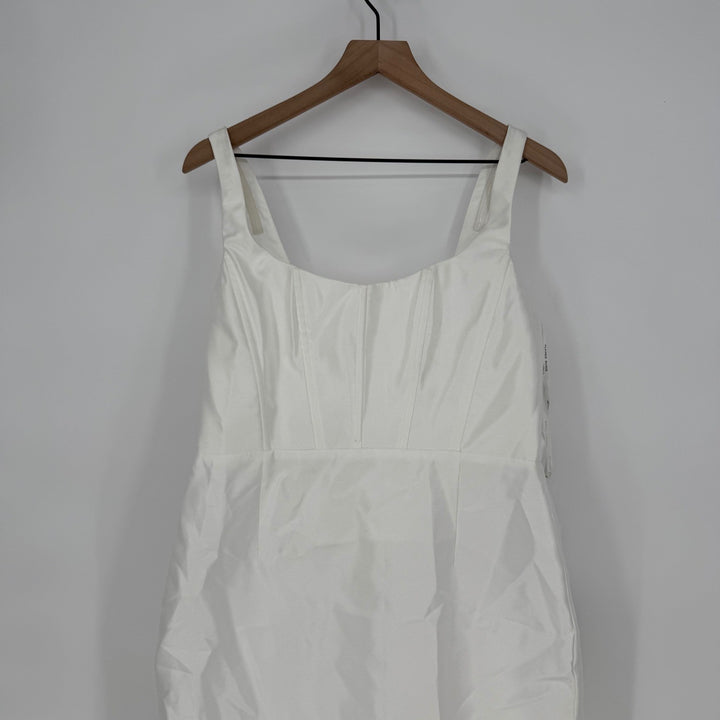 Alfred Sung Scoop Neck Corset Satin Midi Dress With Floor-Length Bow Tails White