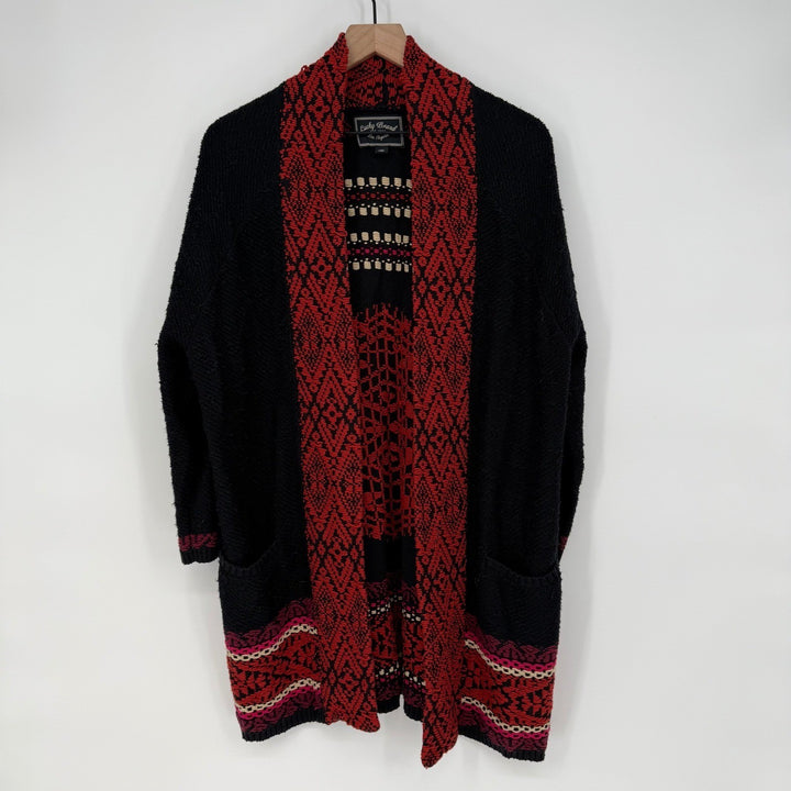 Lucky Brand Aztec Cardigan Sweater Chenille Texture Black Red Knit Boho Medium