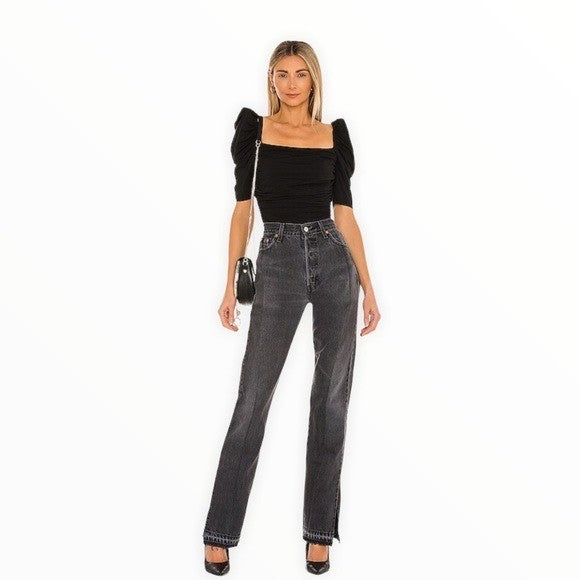 FRAME Betty Knitted Black Noir Square Neck Ruched Puff Sleeve Top Size L